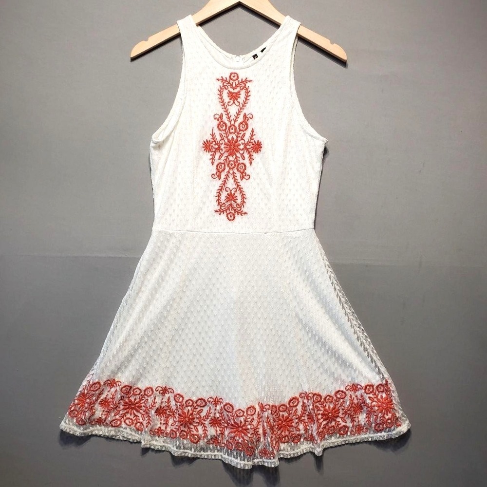 HeartSoul Lace Fit & Flare Skater Mini Dress Womens S White Embroidered Boho